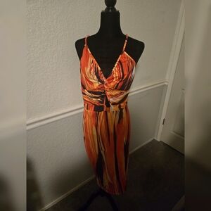 SHEIN Orange & Black Twist-Front Spaghetti Strap Midi Dress